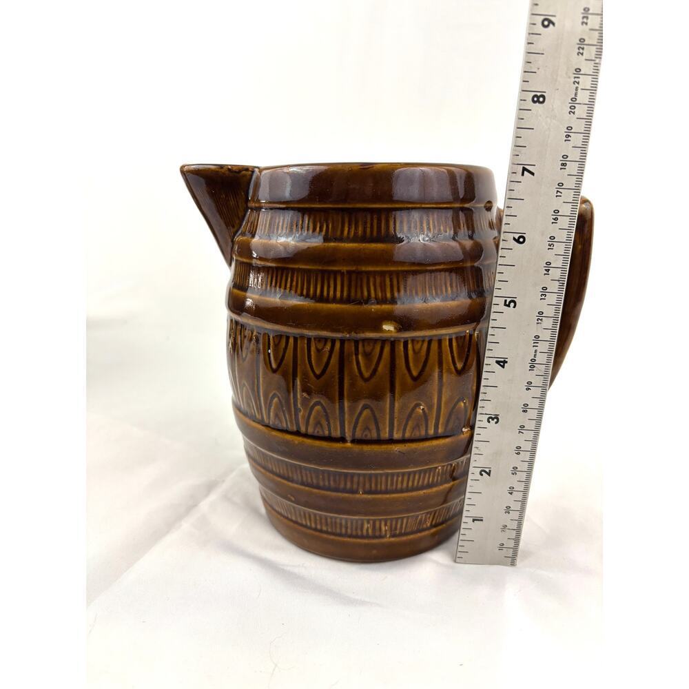 Vintage‎ Brown Glaze Barrel Pitcher Pottery 7" - Picture 4 of 12